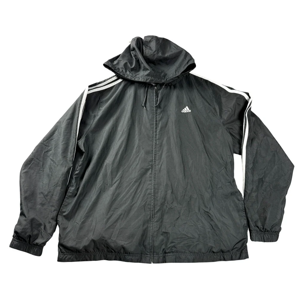 Adidas Mens XL Black Full Zip Hooded‎ Windbreaker Jacket 3 Stripe Lightweight
